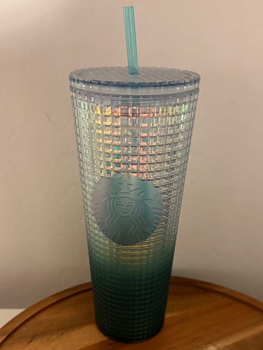 Starbucks 24 oz Teal Jade Green Iridescent Ombre Grid Tumbler 2023 Cup Venti Wat